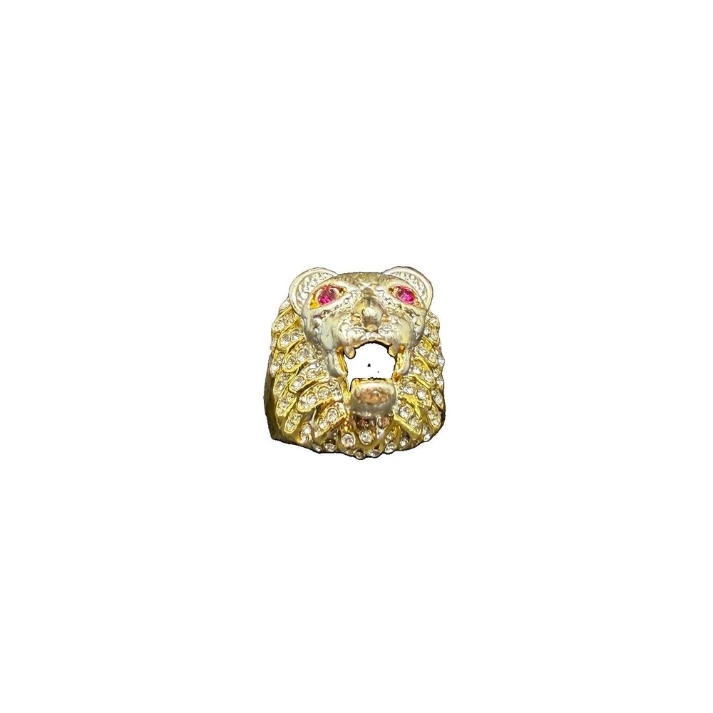Gold Tone Lion Head Cocktail Ring Red Ruby Eyes Size 12 Moissanite 18 Grams